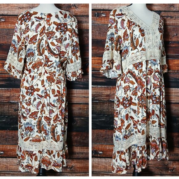 Cato Peasant Dress 14 16 W Boho Rayon Crochet Flared Half Bell Sleeve Midi - Picture 2 of 9